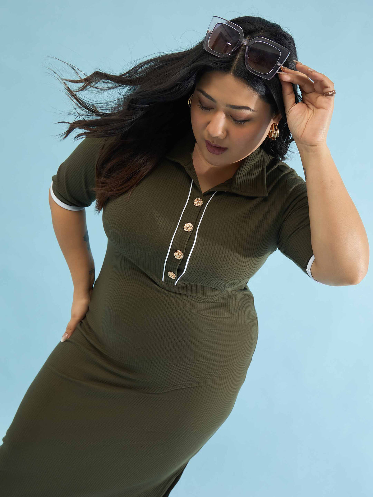 Olive Rib Polo Neck Side Slit Midi Dress-SASSAFRAS Curve