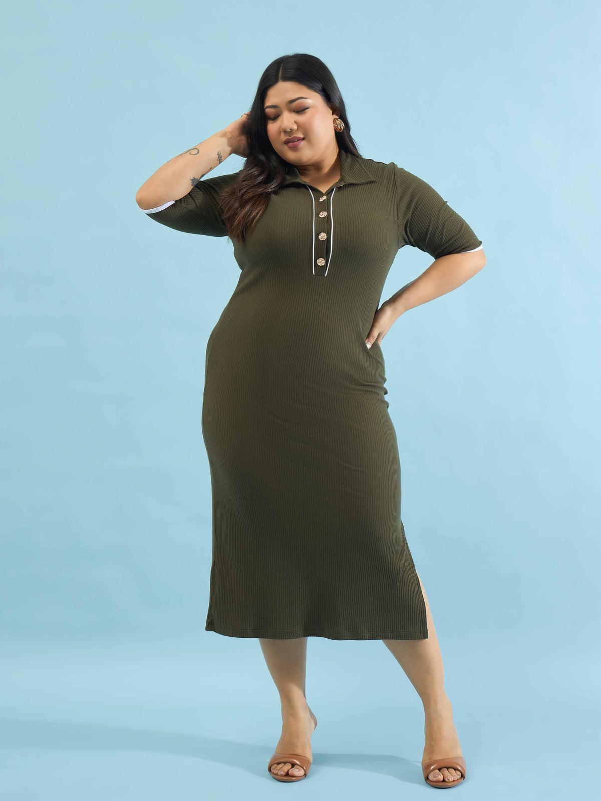 Olive Rib Polo Neck Side Slit Midi Dress-SASSAFRAS Curve