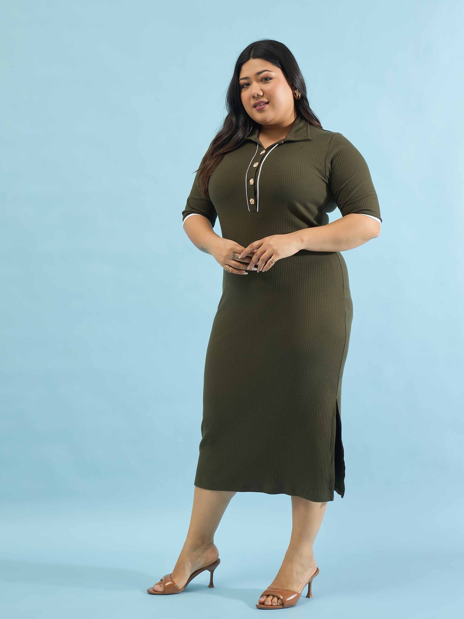 strapless open back dress Buy Women Olive Rib Polo Neck Side Slit Midi Dress Online at Best Price