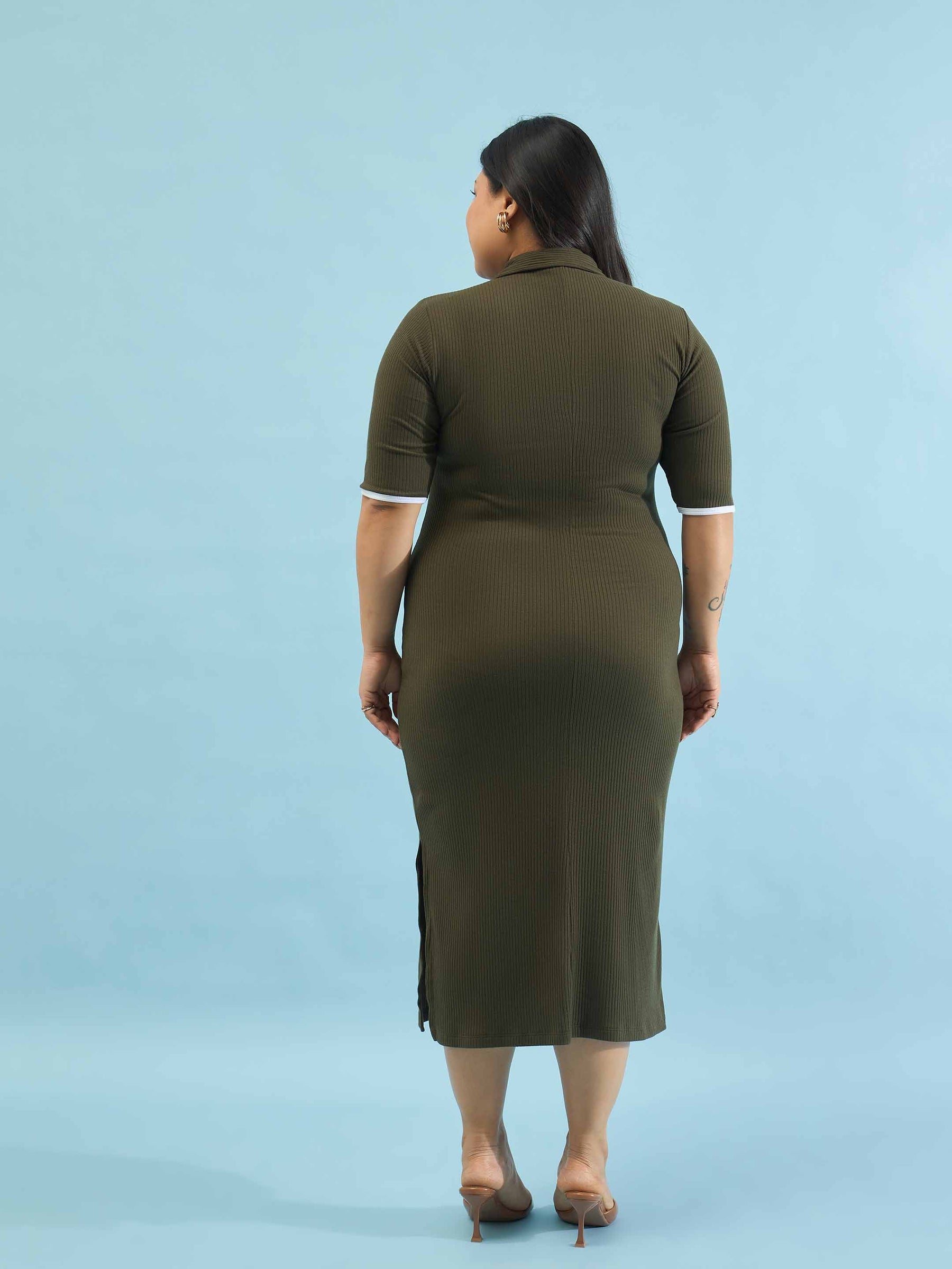 Olive Rib Polo Neck Side Slit Midi Dress-SASSAFRAS Curve