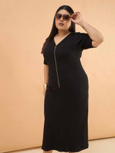 Black Rib Front Zipper Midi Dress-SASSAFRAS Curve