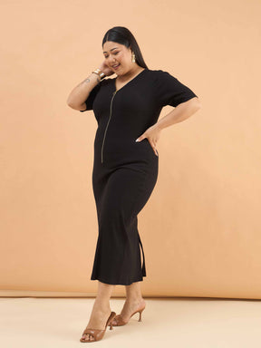 Black Rib Front Zipper Midi Dress-SASSAFRAS Curve