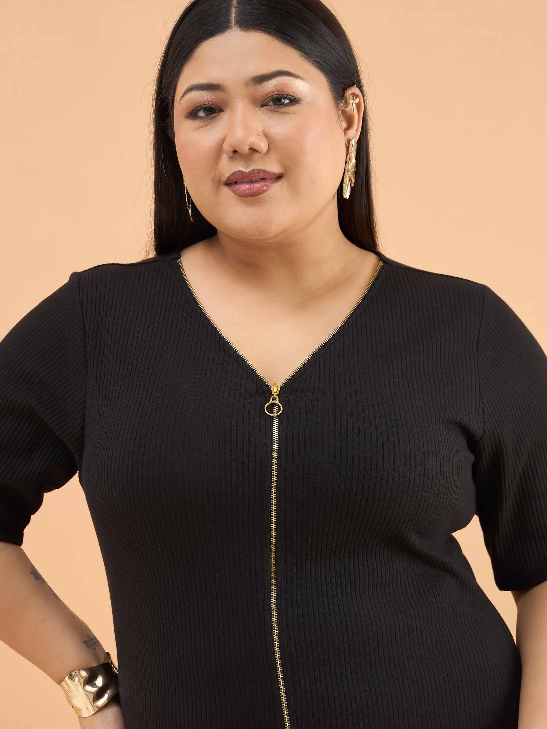 Black Rib Front Zipper Midi Dress-SASSAFRAS Curve