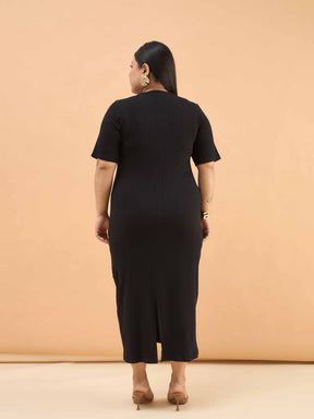 Black Rib Front Zipper Midi Dress-SASSAFRAS Curve
