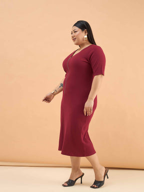 Maroon Rib Front Zipper Midi Dress-SASSAFRAS Curve