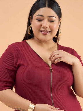 Maroon Rib Front Zipper Midi Dress-SASSAFRAS Curve