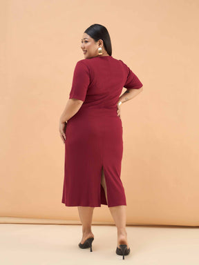 Maroon Rib Front Zipper Midi Dress-SASSAFRAS Curve