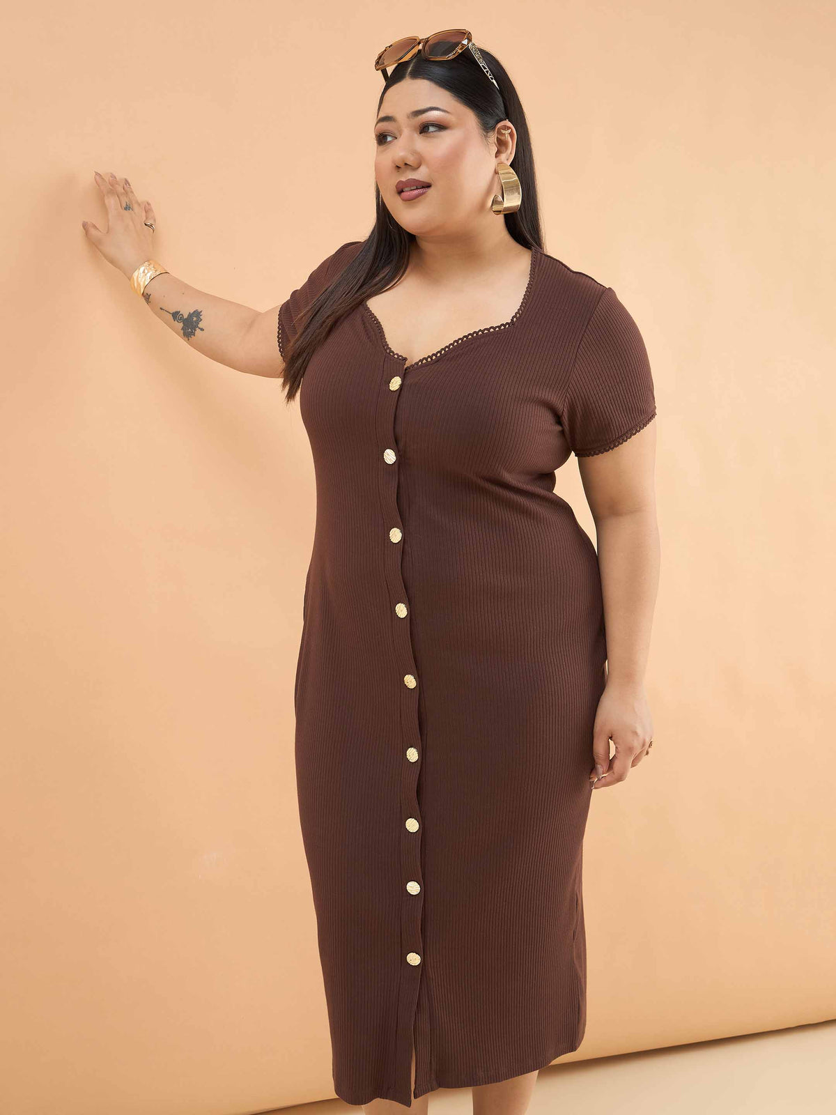 Brown Rib Button Down Midi Dress-SASSAFRAS Curve