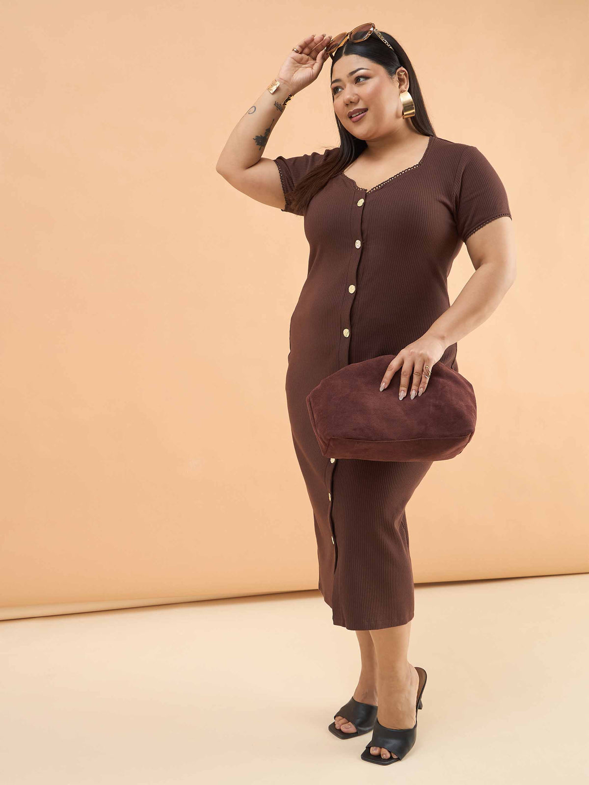 Brown Rib Button Down Midi Dress-SASSAFRAS Curve