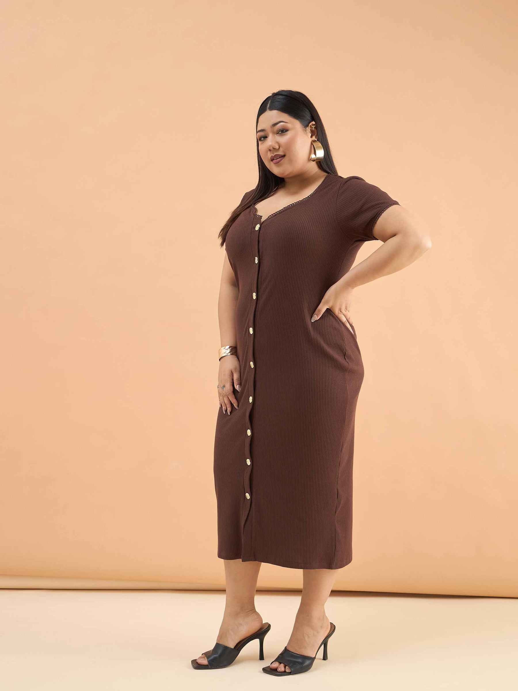 Brown Rib Button Down Midi Dress-SASSAFRAS Curve