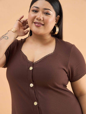 Brown Rib Button Down Midi Dress-SASSAFRAS Curve