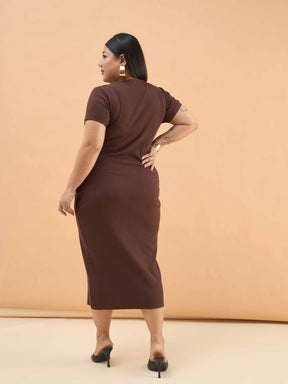 Brown Rib Button Down Midi Dress-SASSAFRAS Curve