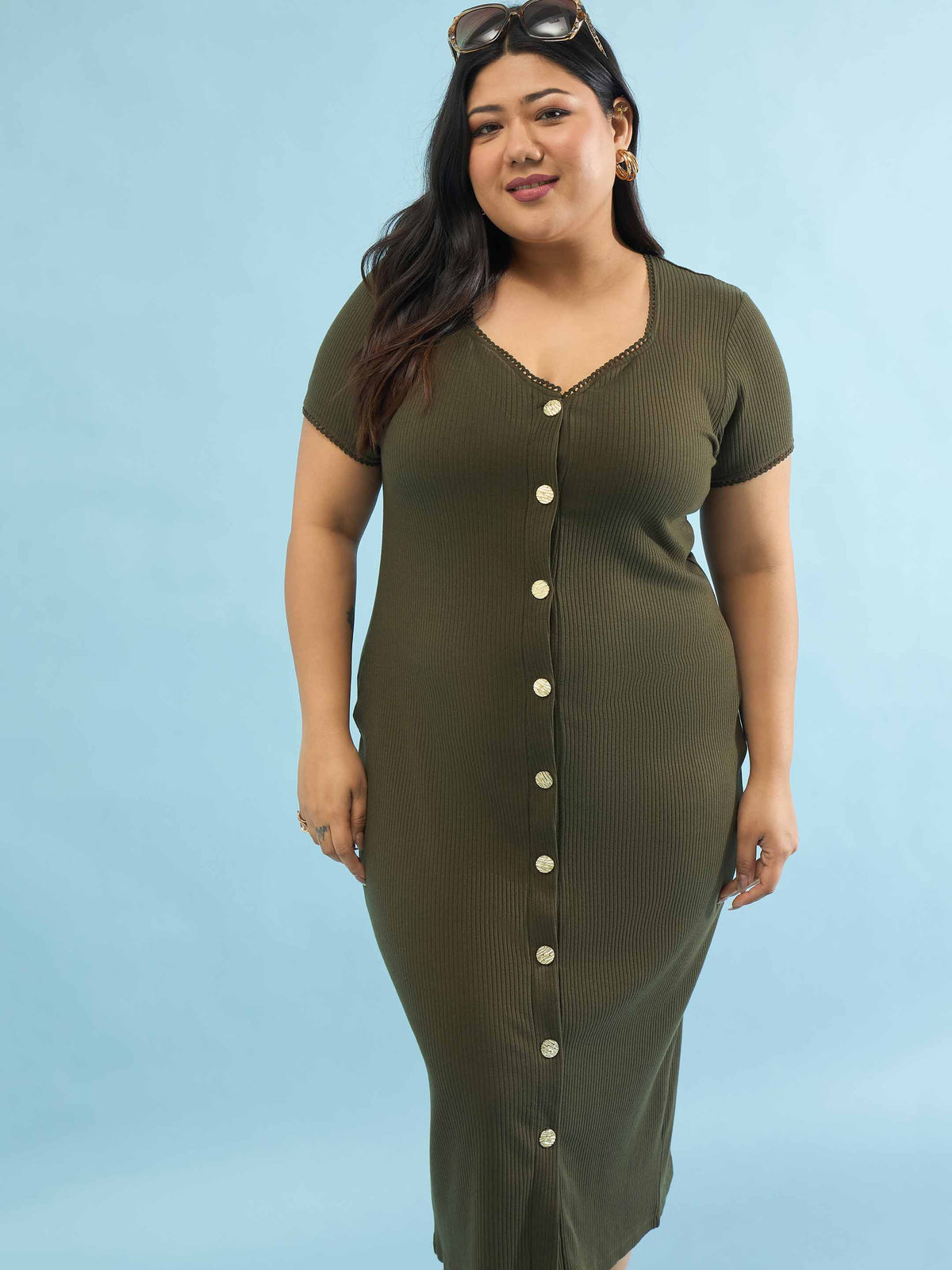 Olive Rib Button Down Midi Dress-SASSAFRAS Curve