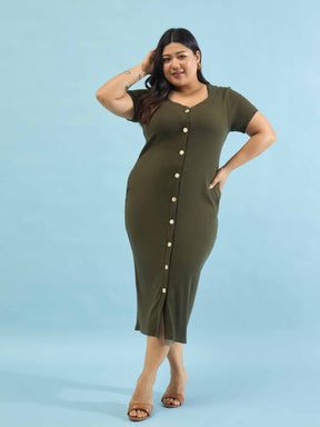 Olive Rib Button Down Midi Dress-SASSAFRAS Curve