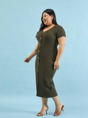 Olive Rib Button Down Midi Dress-SASSAFRAS Curve