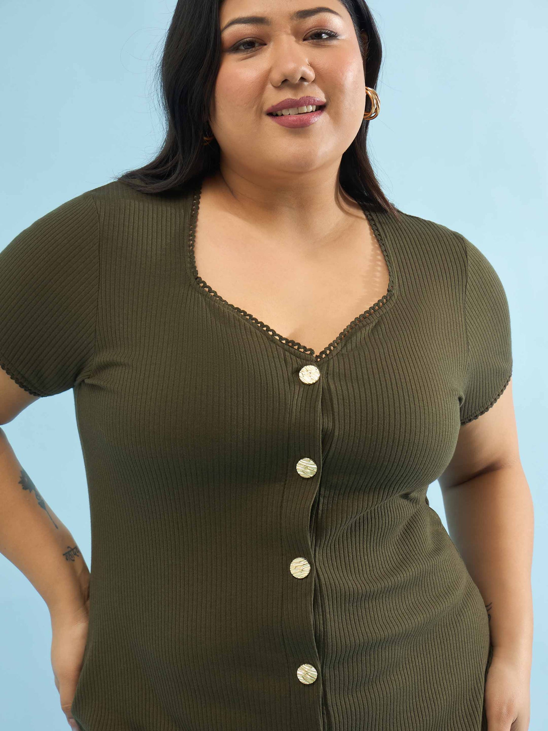 Olive Rib Button Down Midi Dress-SASSAFRAS Curve