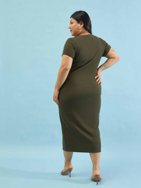 Olive Rib Button Down Midi Dress-SASSAFRAS Curve
