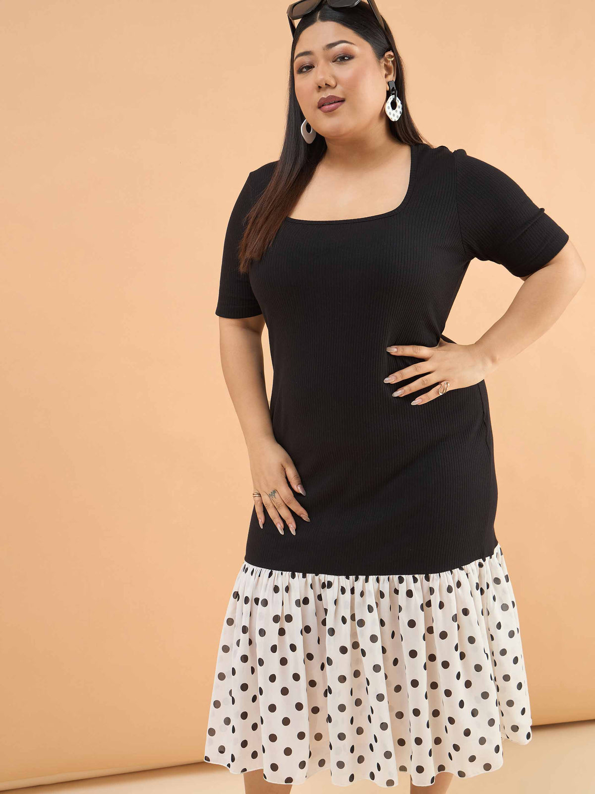 Black Rib Polka Hem Frill Bodycon Midi Dress-SASSAFRAS Curve