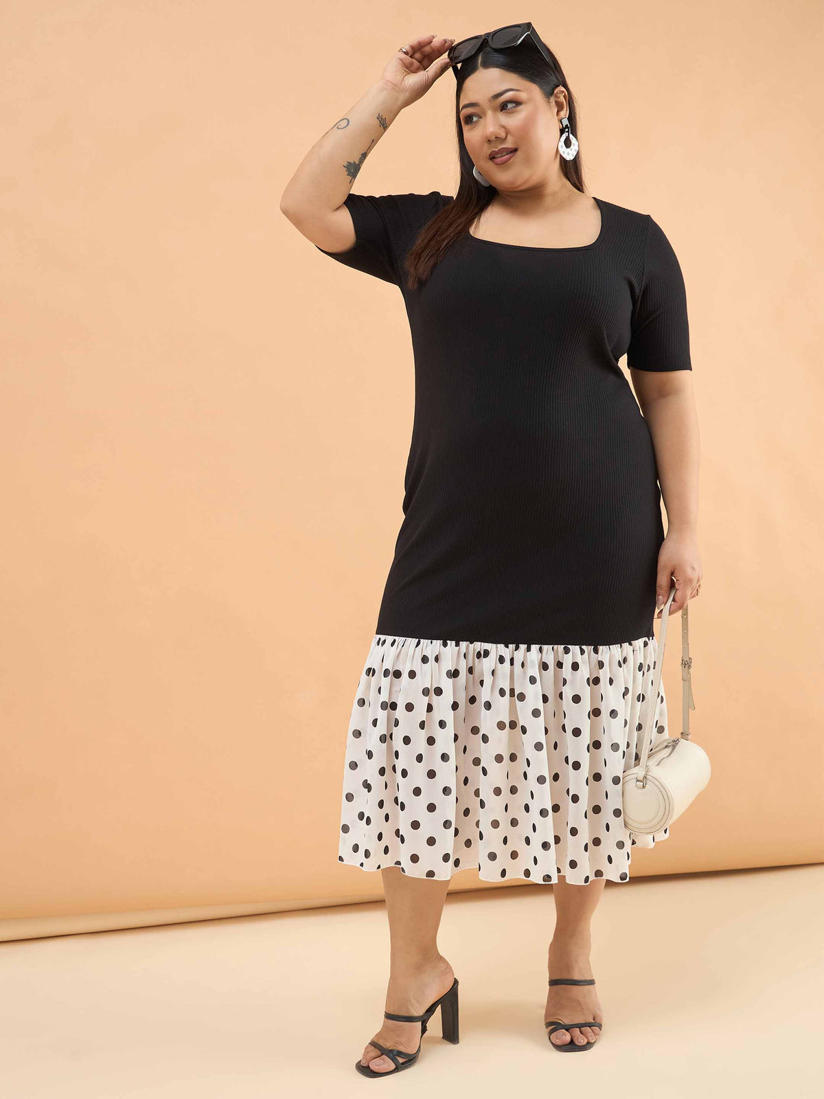 Black Rib Polka Hem Frill Bodycon Midi Dress-SASSAFRAS Curve