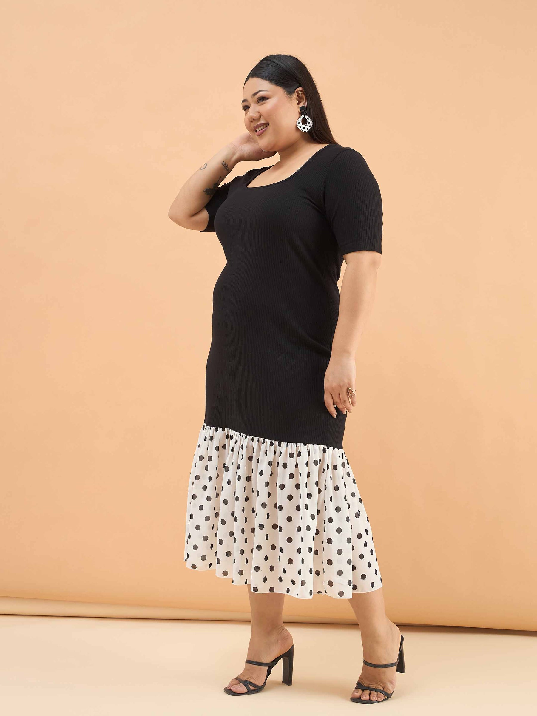 Black Rib Polka Hem Frill Bodycon Midi Dress-SASSAFRAS Curve