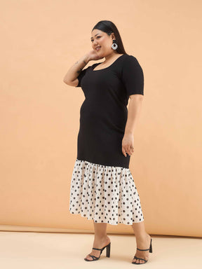 Black Rib Polka Hem Frill Bodycon Midi Dress-SASSAFRAS Curve
