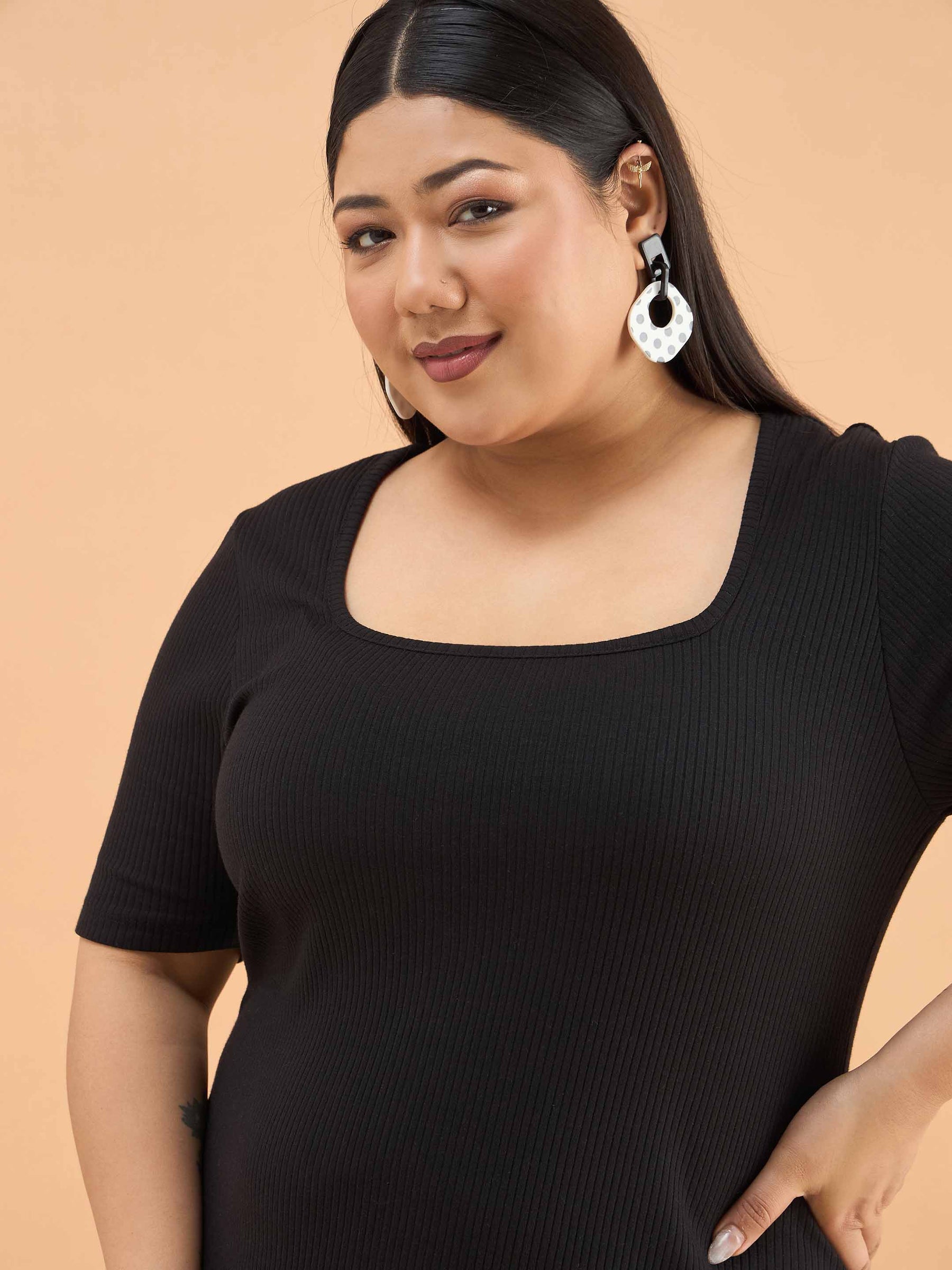 Black Rib Polka Hem Frill Bodycon Midi Dress-SASSAFRAS Curve