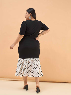 Black Rib Polka Hem Frill Bodycon Midi Dress-SASSAFRAS Curve