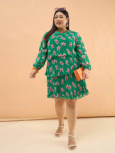 Green Floral Pleated Skater Tiered Dress-SASSAFRAS Curve
