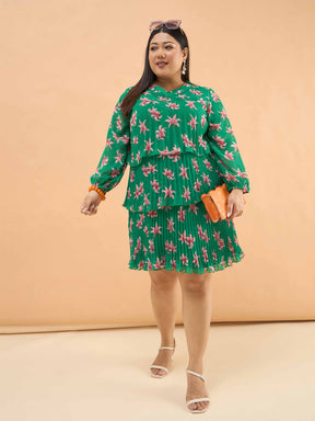 Green Floral Pleated Skater Tiered Dress-SASSAFRAS Curve