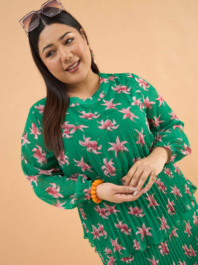 Green Floral Pleated Skater Tiered Dress-SASSAFRAS Curve