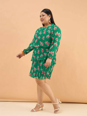 Green Floral Pleated Skater Tiered Dress-SASSAFRAS Curve