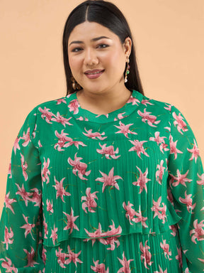 Green Floral Pleated Skater Tiered Dress-SASSAFRAS Curve