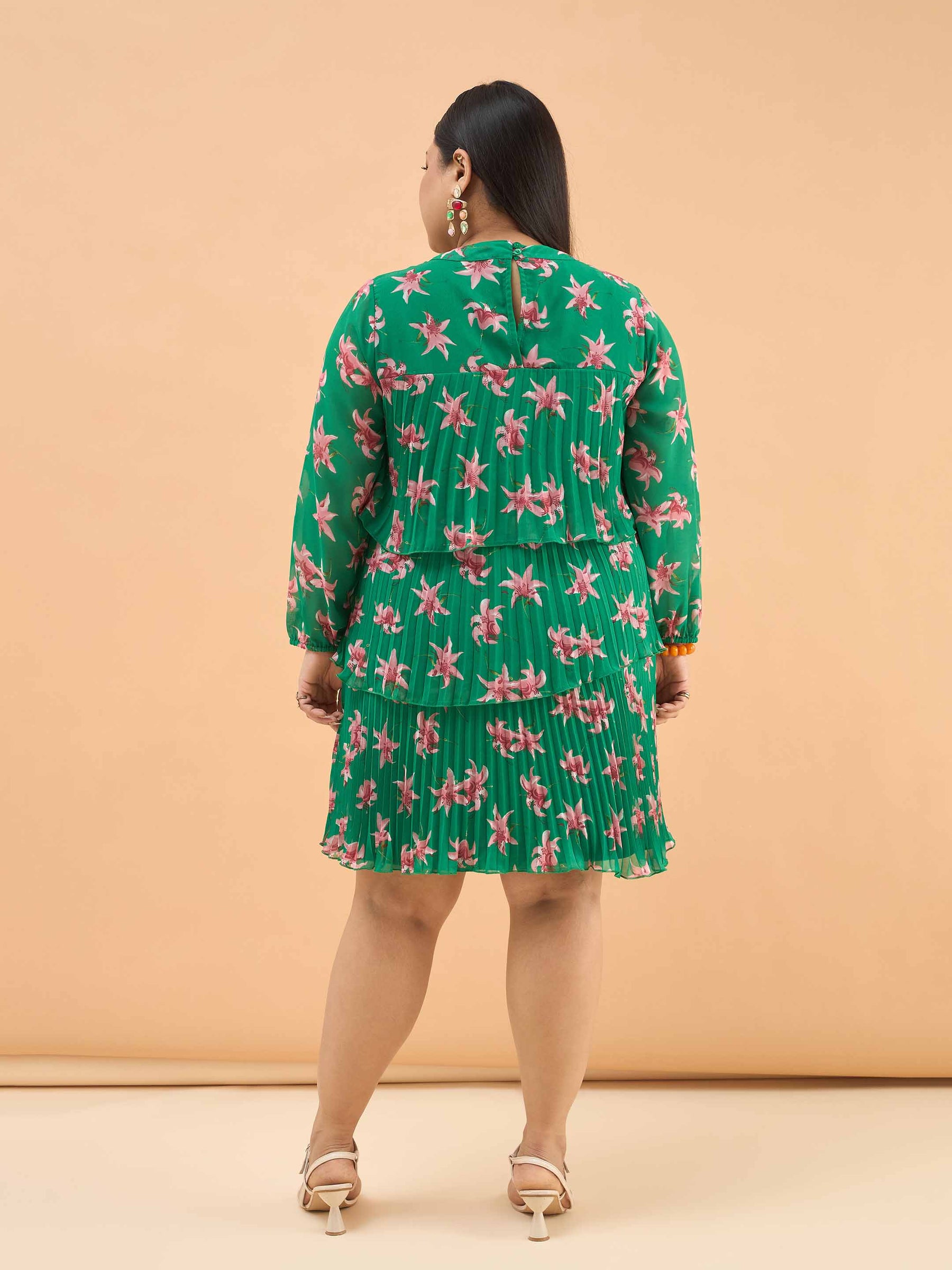 Green Floral Pleated Skater Tiered Dress-SASSAFRAS Curve