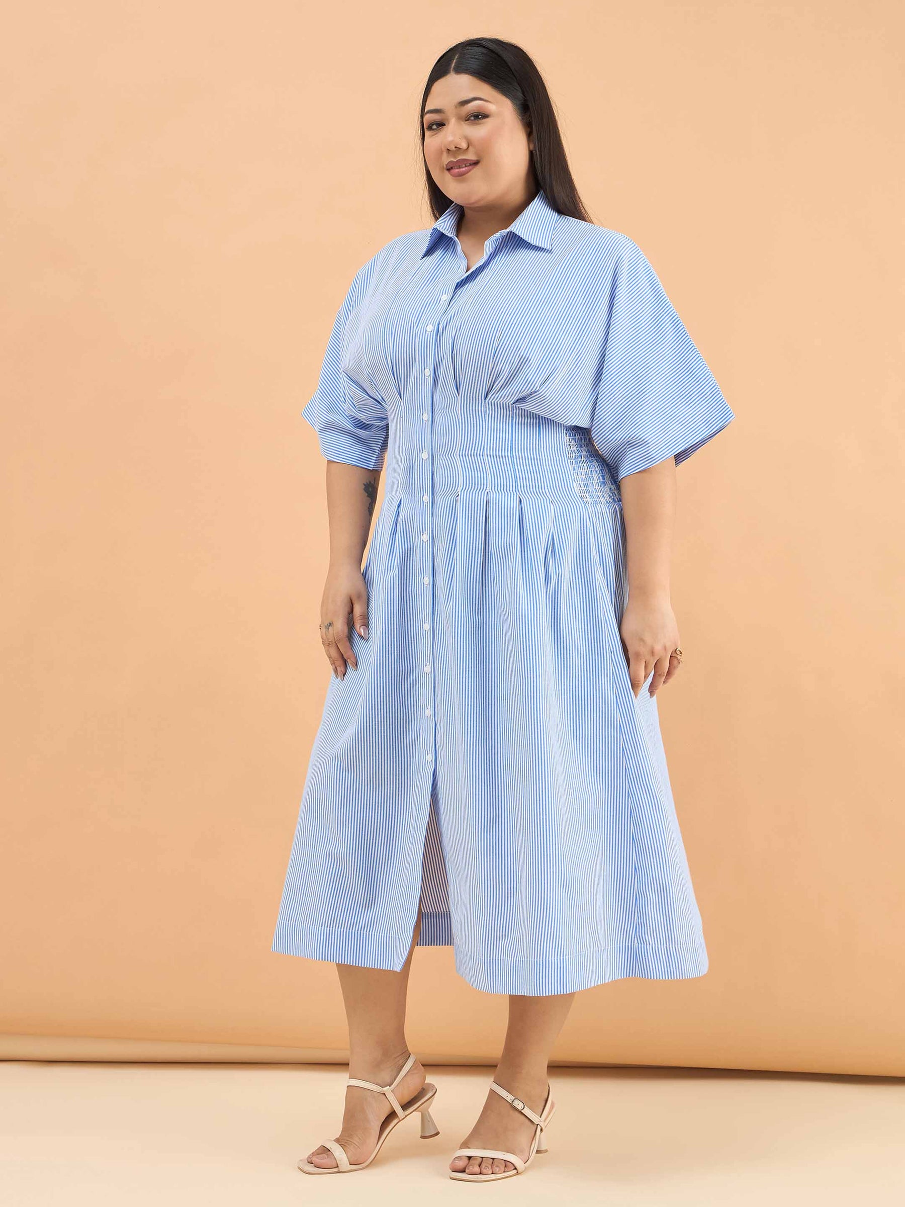 Navy Stripes Button Down Smoking Midi Dress-SASSAFRAS Curve