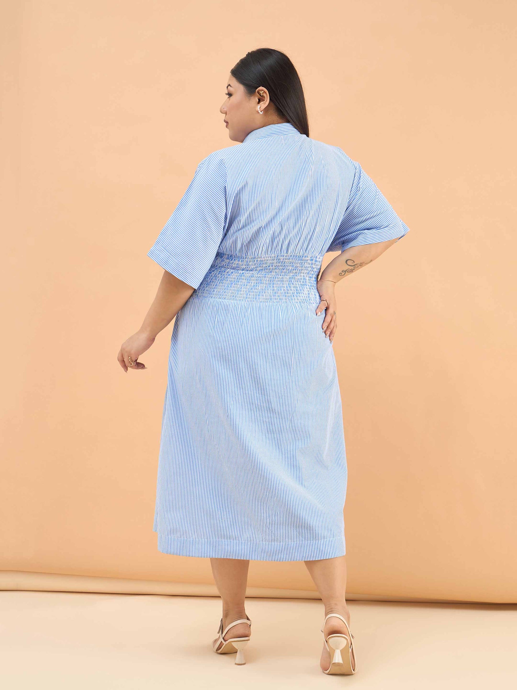 Navy Stripes Button Down Smoking Midi Dress-SASSAFRAS Curve