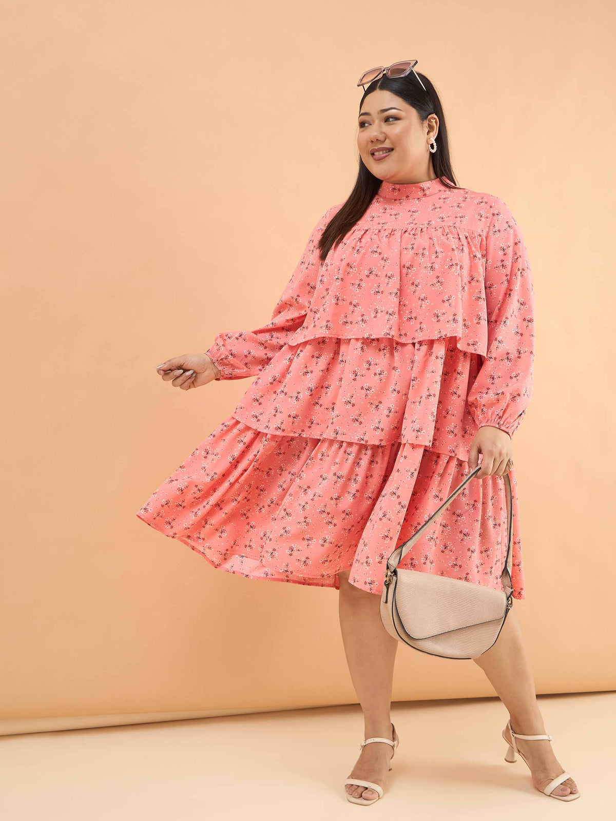 Peach Ditsy Floral Pleated Skater Tiered Dress-SASSAFRAS Curve