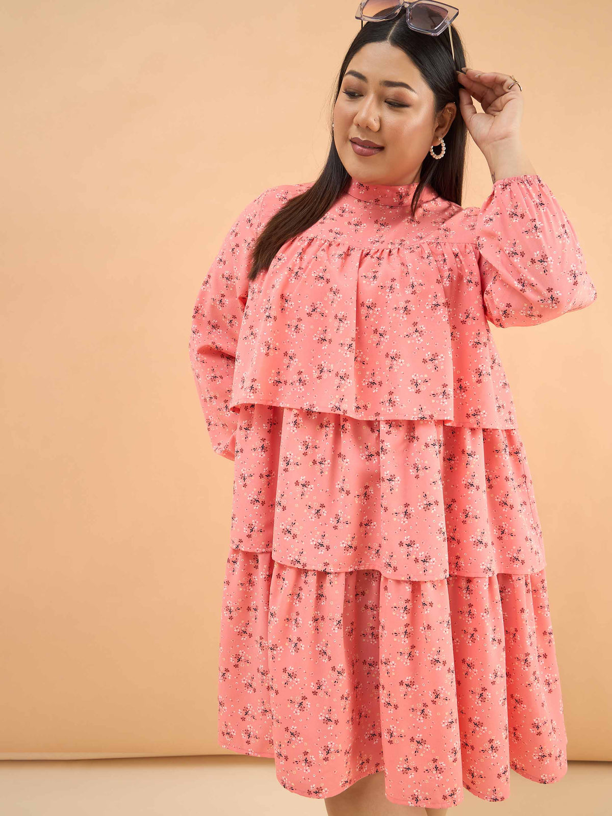 Peach Ditsy Floral Pleated Skater Tiered Dress-SASSAFRAS Curve