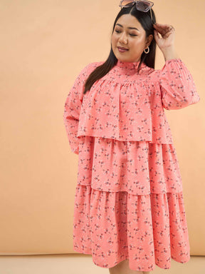 Peach Ditsy Floral Pleated Skater Tiered Dress-SASSAFRAS Curve