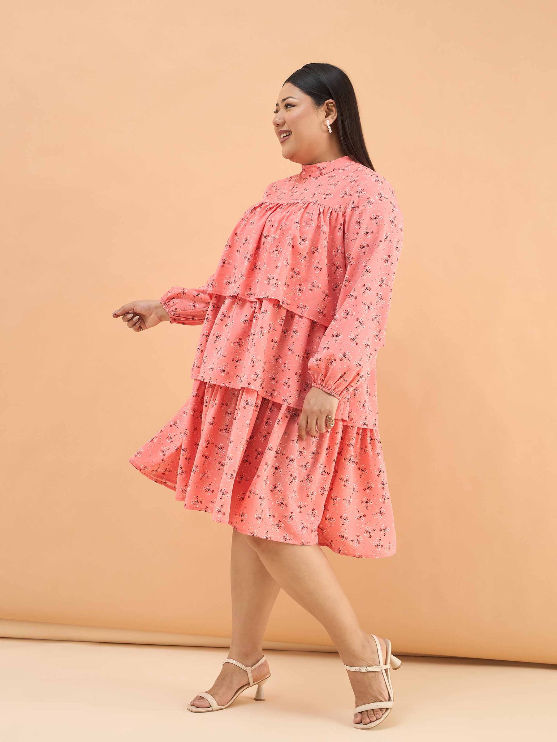 Peach Ditsy Floral Pleated Skater Tiered Dress-SASSAFRAS Curve