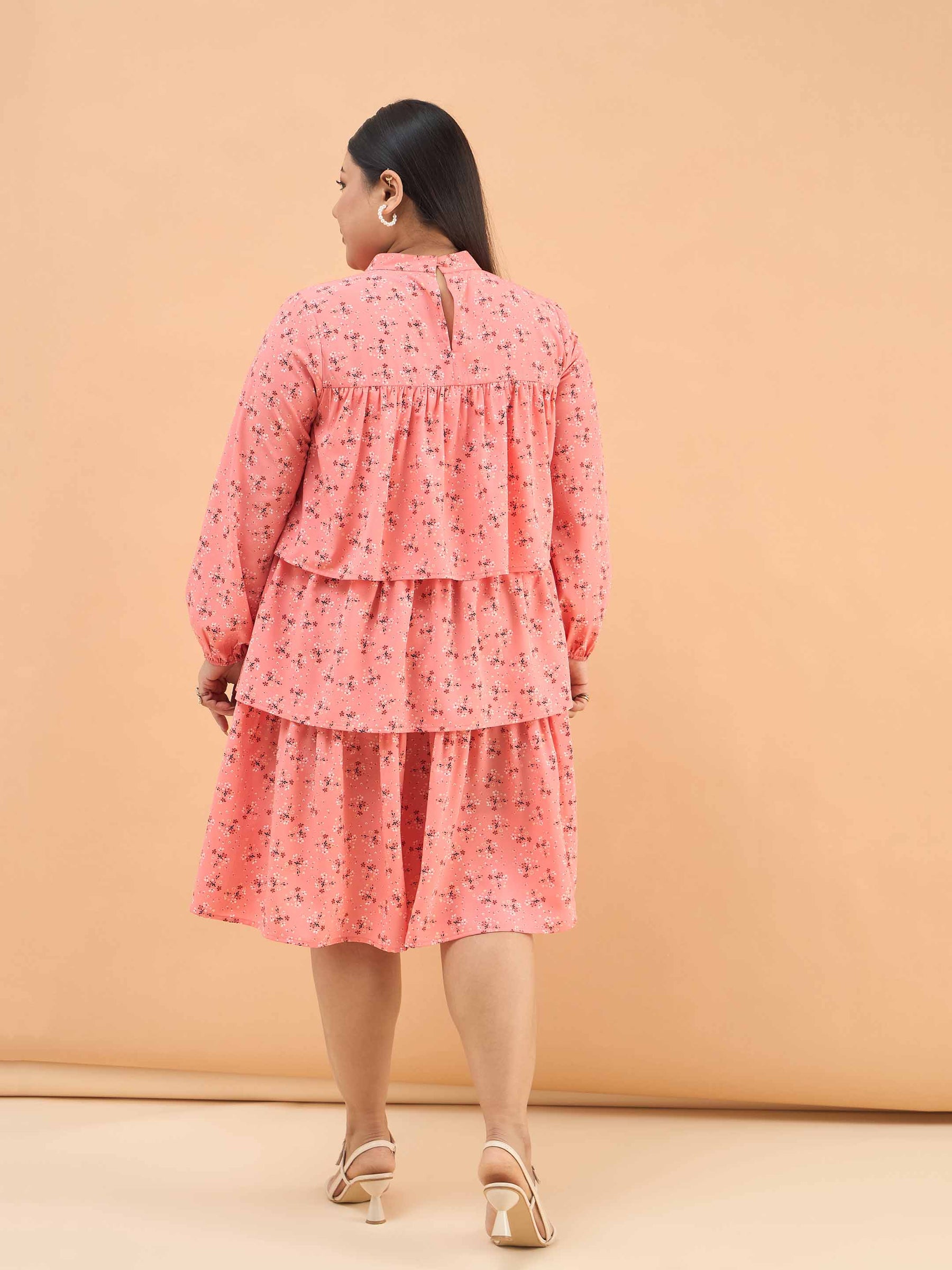 Peach Ditsy Floral Pleated Skater Tiered Dress-SASSAFRAS Curve