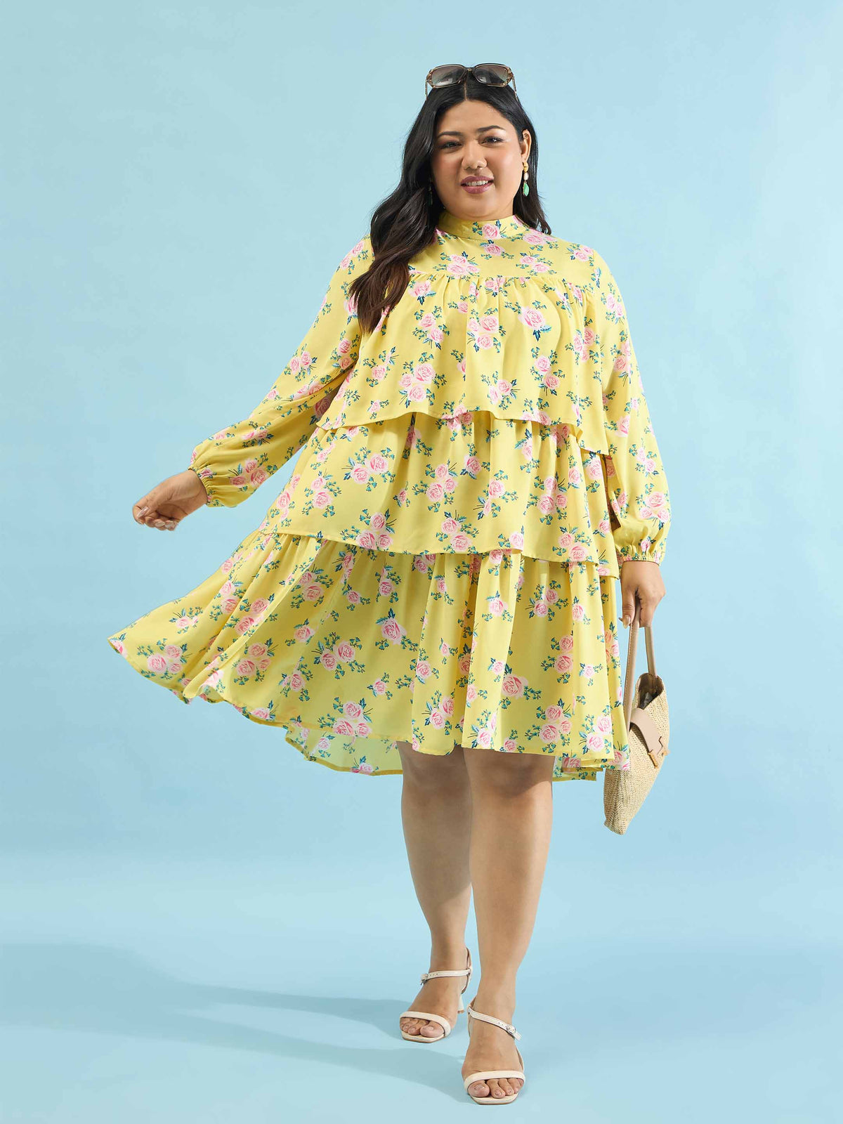 Yellow Floral Skater Tiered Dress-SASSAFRAS Curve