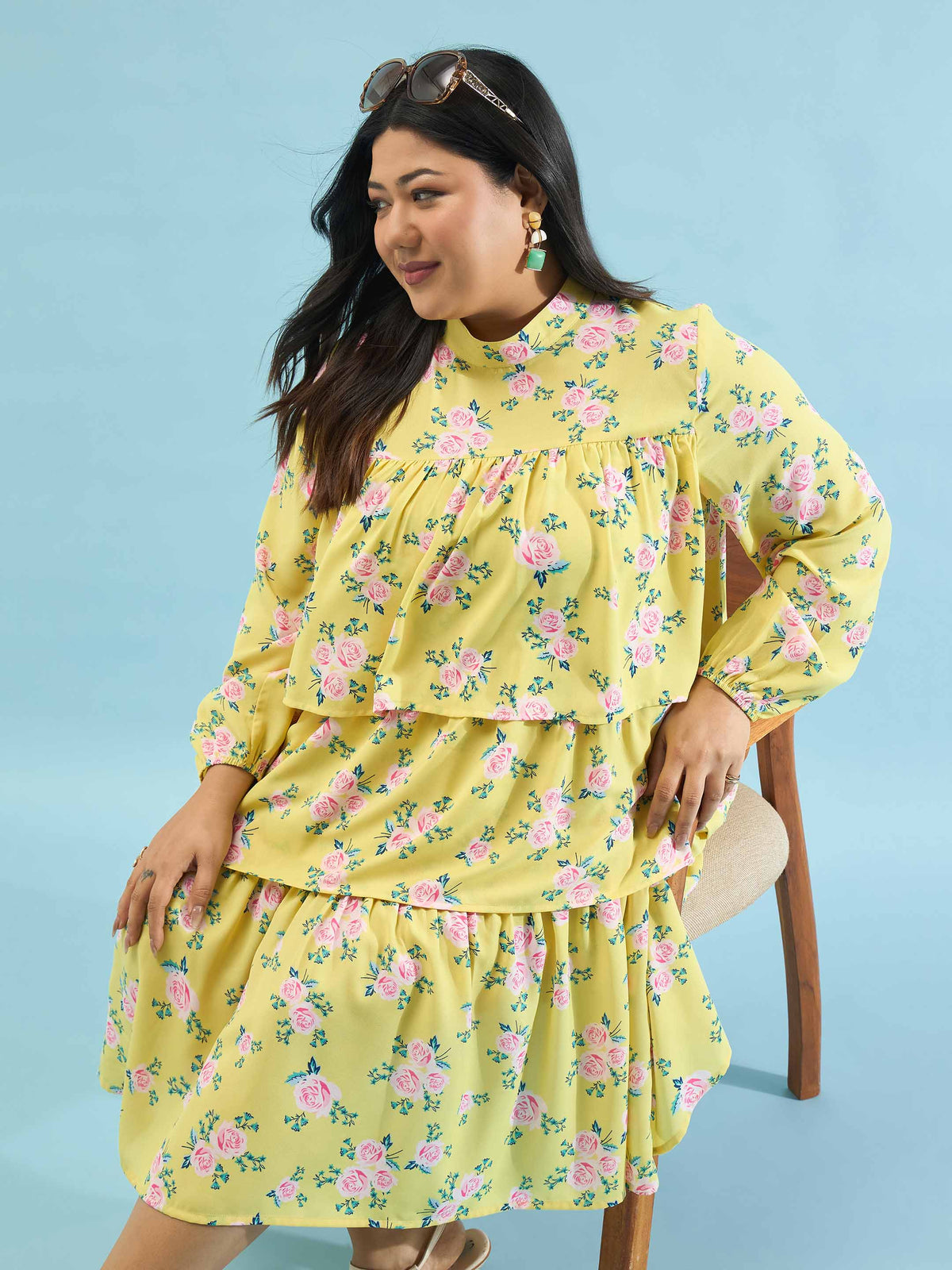 Yellow Floral Skater Tiered Dress-SASSAFRAS Curve