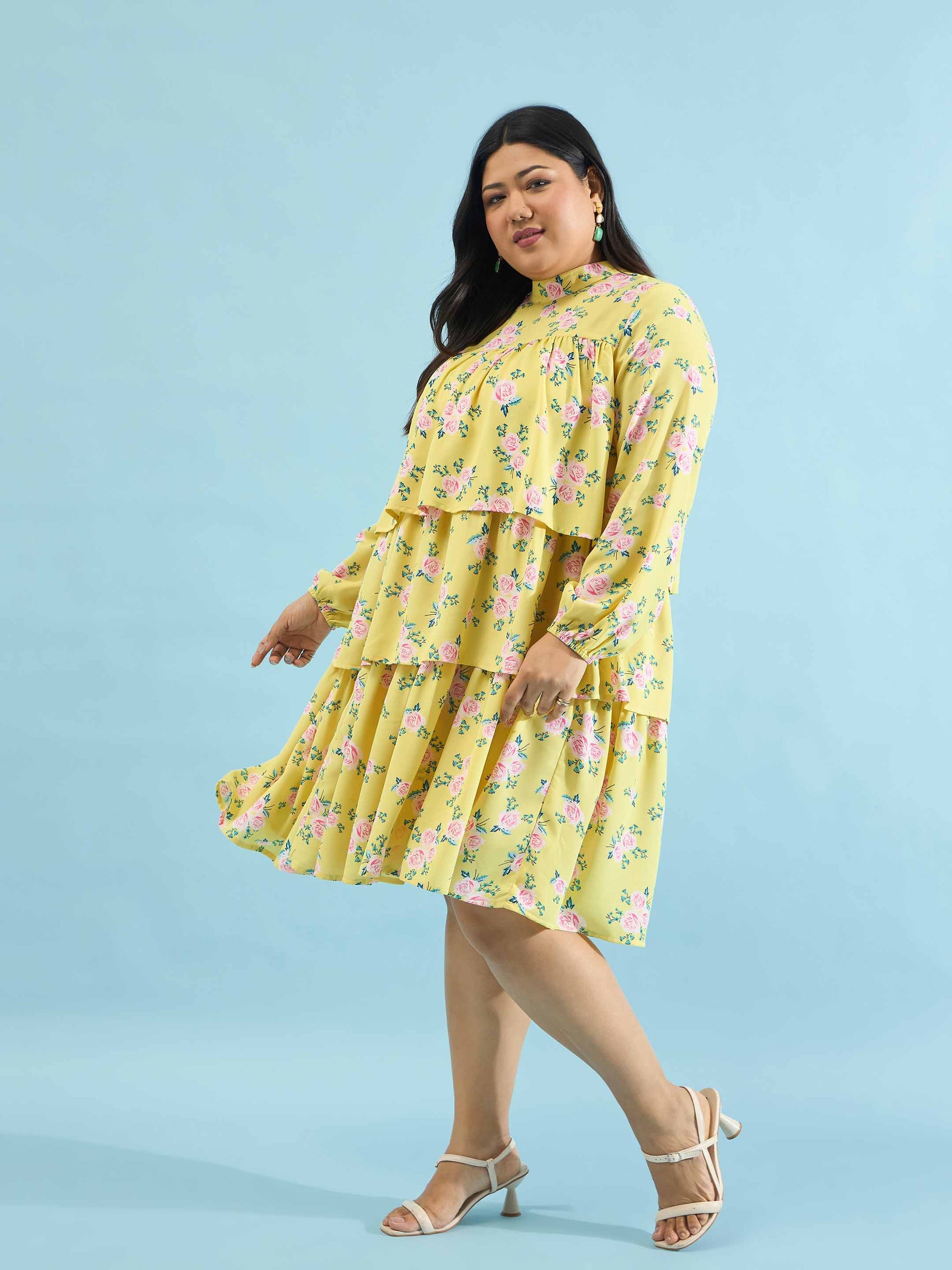 Yellow Floral Skater Tiered Dress-SASSAFRAS Curve
