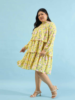 Yellow Floral Skater Tiered Dress-SASSAFRAS Curve