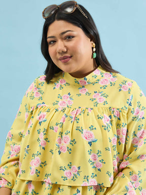 Yellow Floral Skater Tiered Dress-SASSAFRAS Curve
