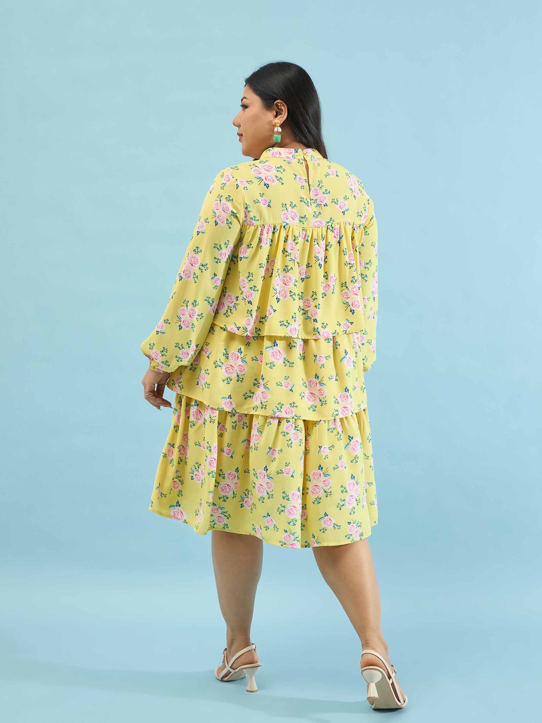 Yellow Floral Skater Tiered Dress-SASSAFRAS Curve