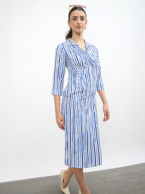 Blue Linen Striped Double Breasted Blazer Dress-SASSAFRAS worklyf