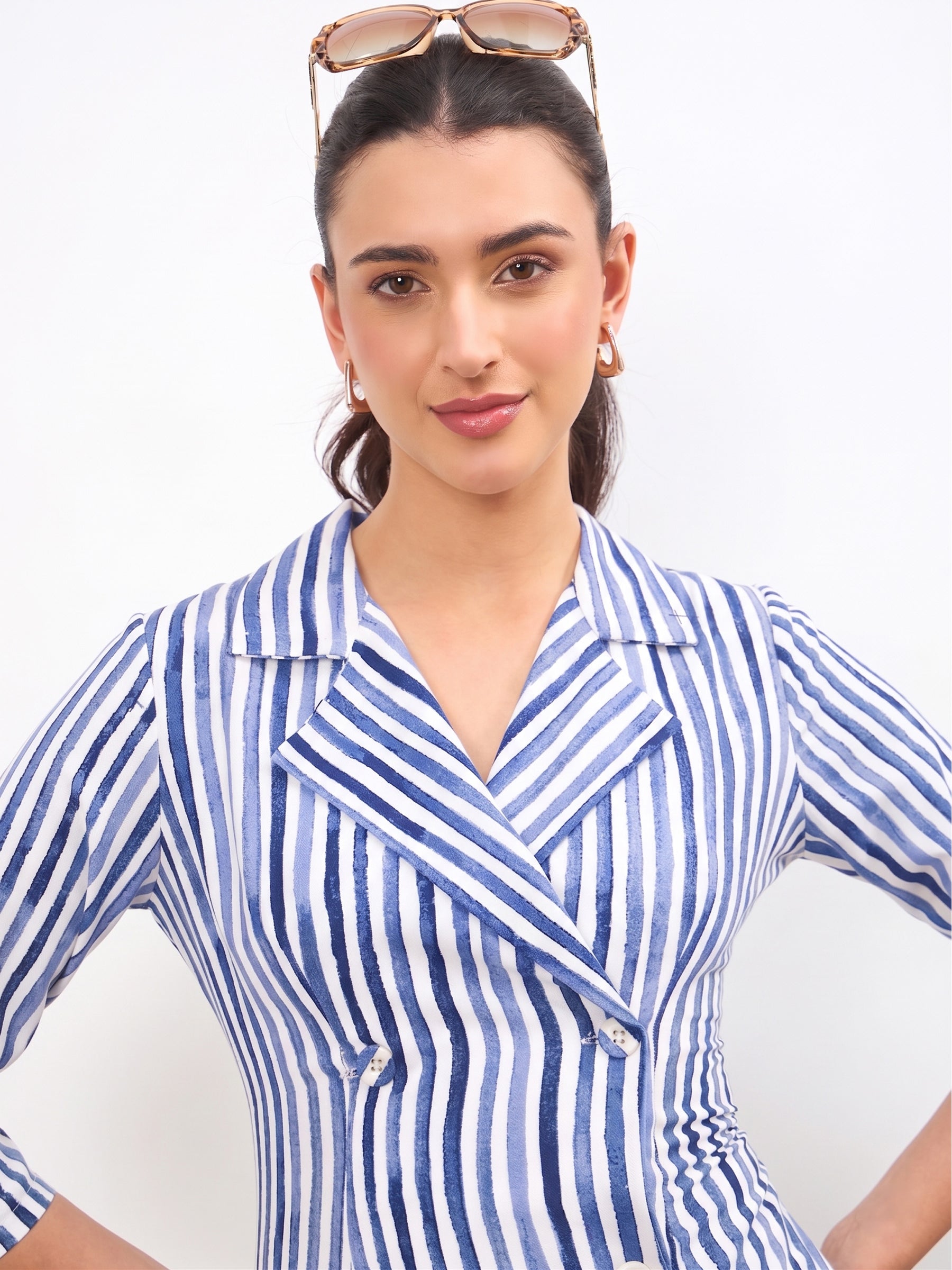 Blue Linen Striped Double Breasted Blazer Dress-SASSAFRAS worklyf