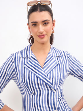 Blue Linen Striped Double Breasted Blazer Dress-SASSAFRAS worklyf
