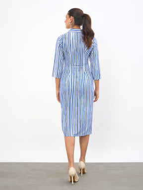 Blue Linen Striped Double Breasted Blazer Dress-SASSAFRAS worklyf